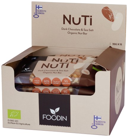 Miniatyrbild Foodin NUTI Bar Organic, Dark Chocolate & Sea Salt, 15-pack