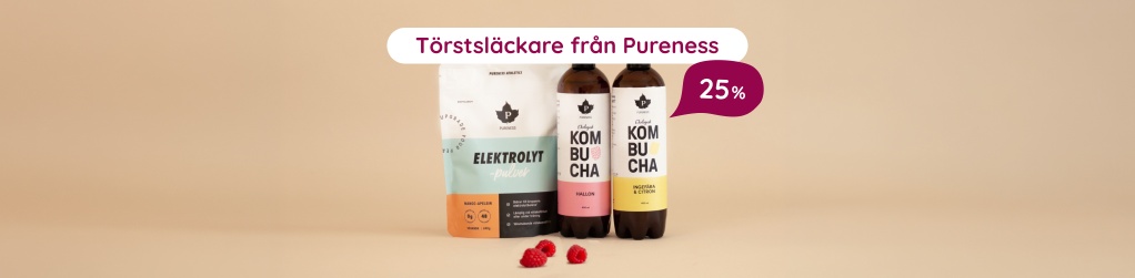 25% rabatt p� Pureness elektrolyter, kombucha och energidryck